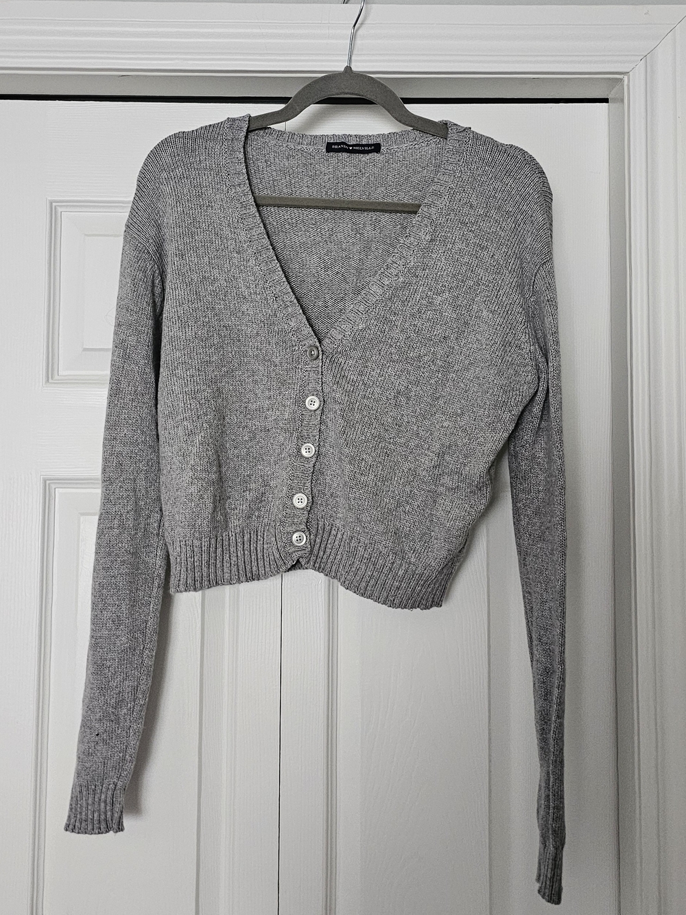Brandy Melville Light Gray Cropped V-Neck Button Cardigan